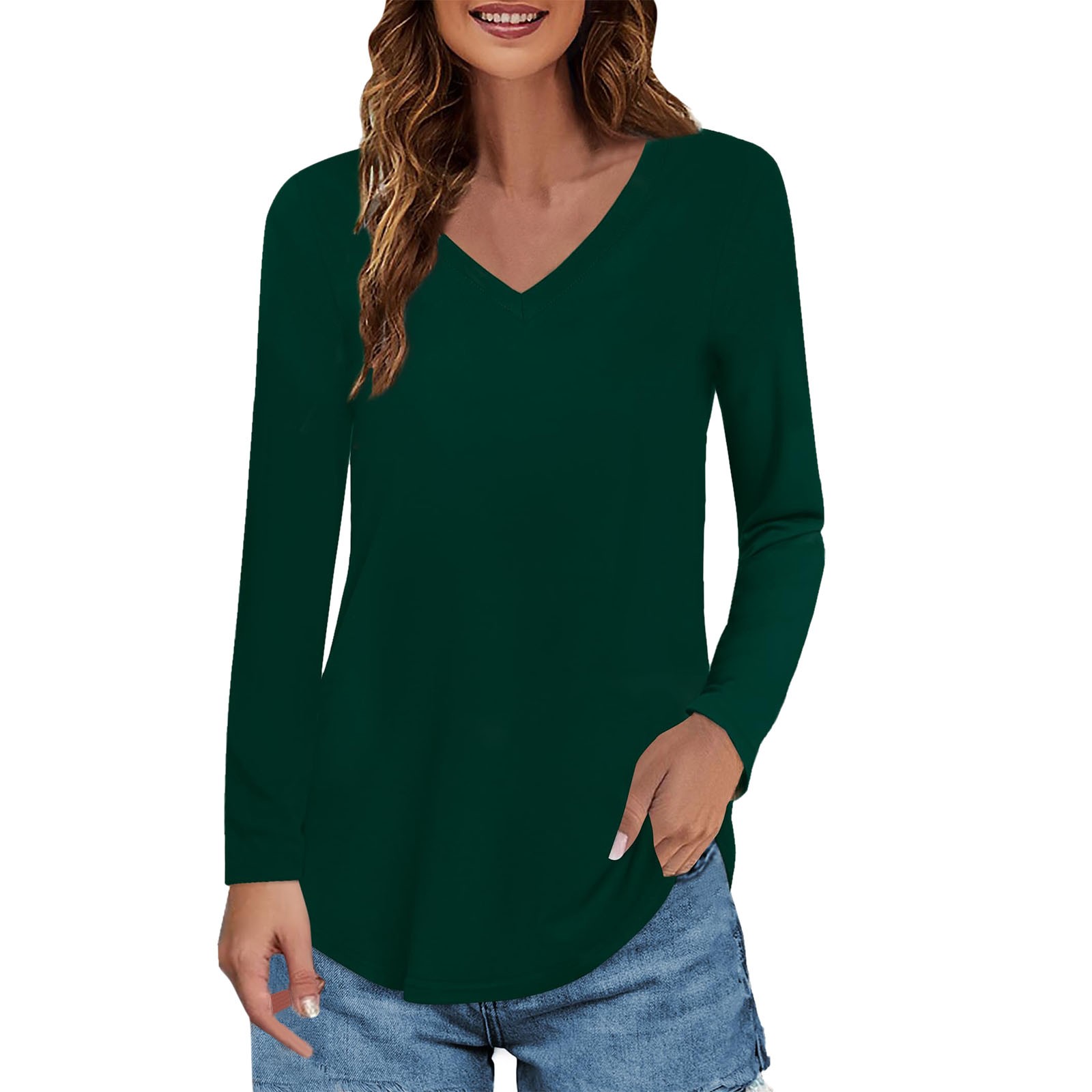 thumbnail image 1 of Top túnica de manga larga con cuello en V para mujer - Blusa holgada e informal - Ideal para casa, playa o vacaciones, 1 of 2